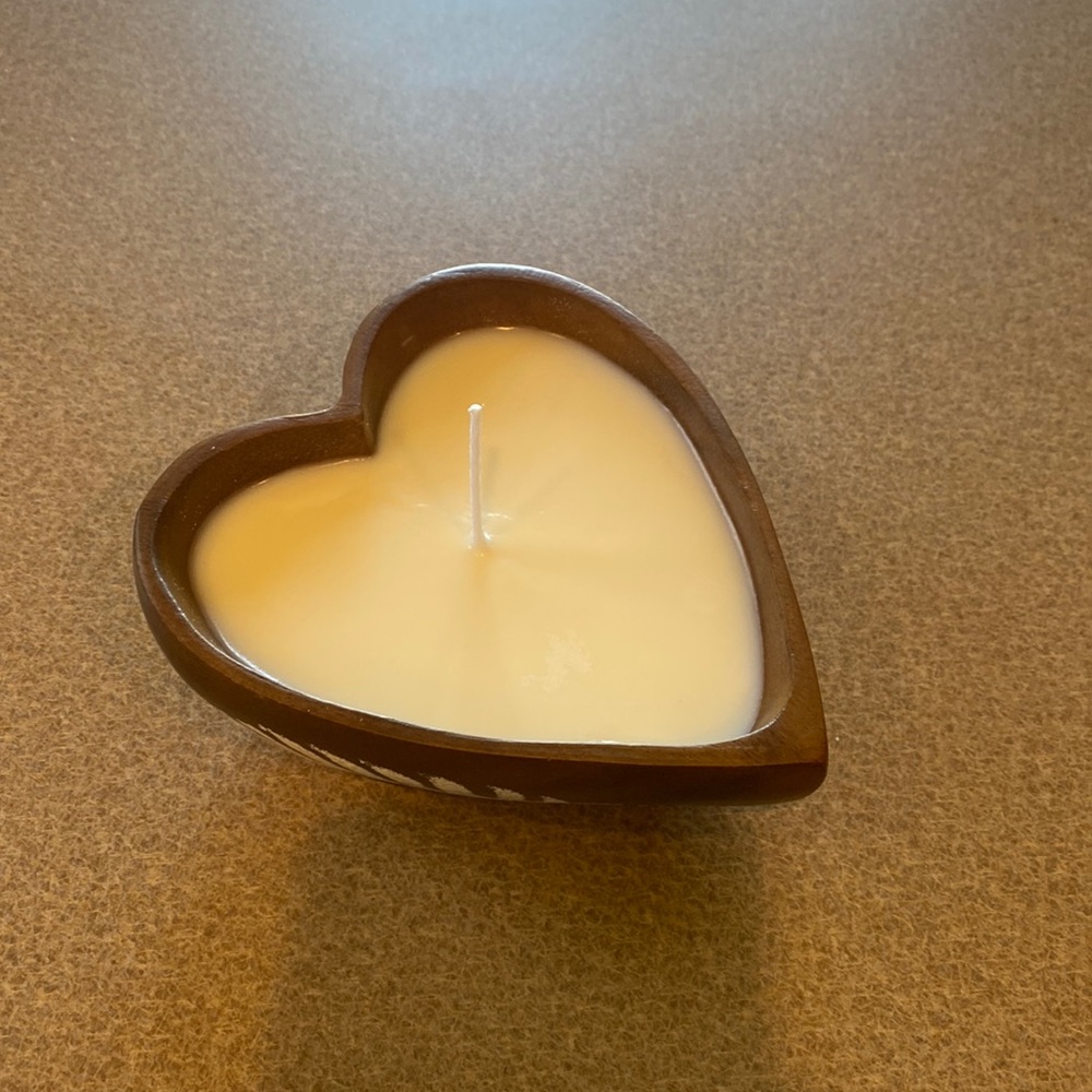 Hand Made Lavender Scented Candle in Heart-shaped Wood Bowl
